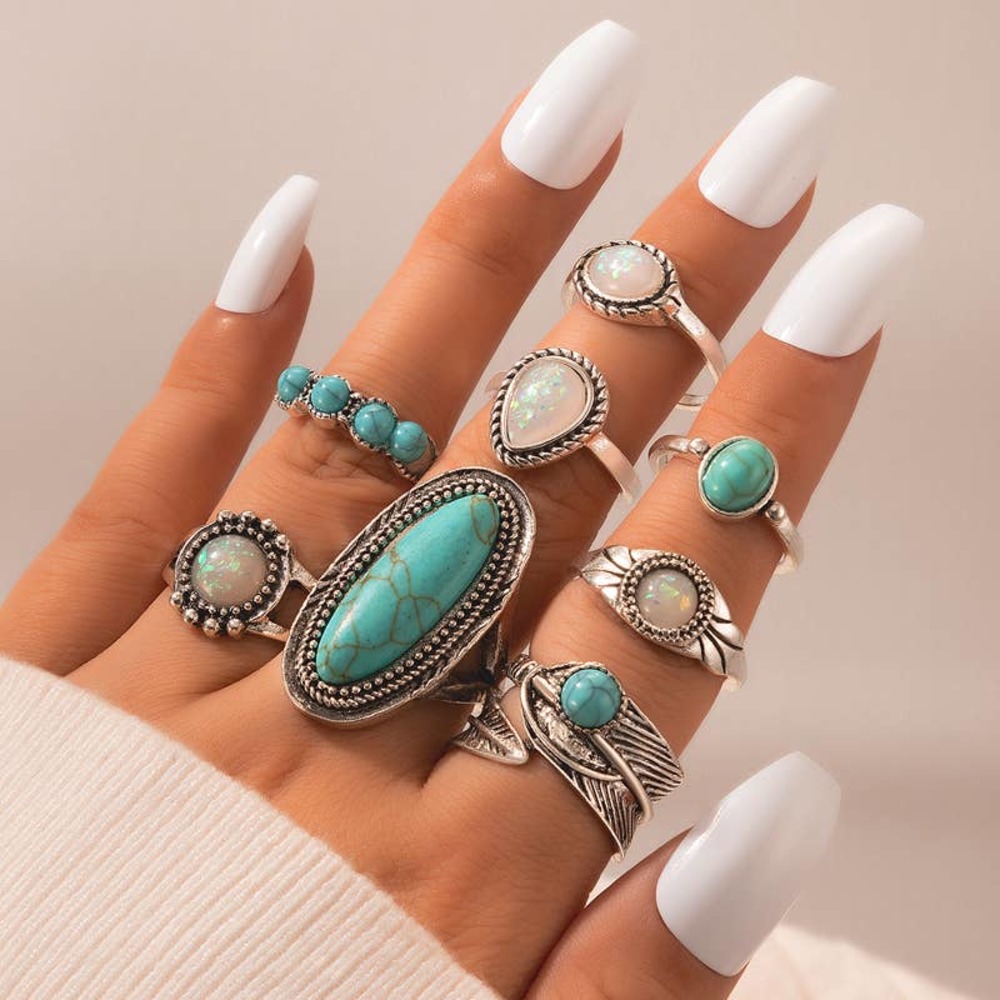 Geometric Ethnic Style Alloy Sausage Turquoise Women Rings 8 Pieces - Picture 8 of 8